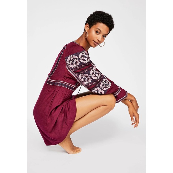 Anthropologie Free People Large All My Life Wine Boho Embroidered Dress Festival - Picture 15 of 16